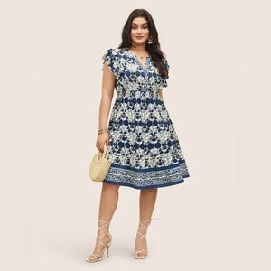 Bloomchic Boho Print Ruffles Shirred Pocket Dress in Dark Blue